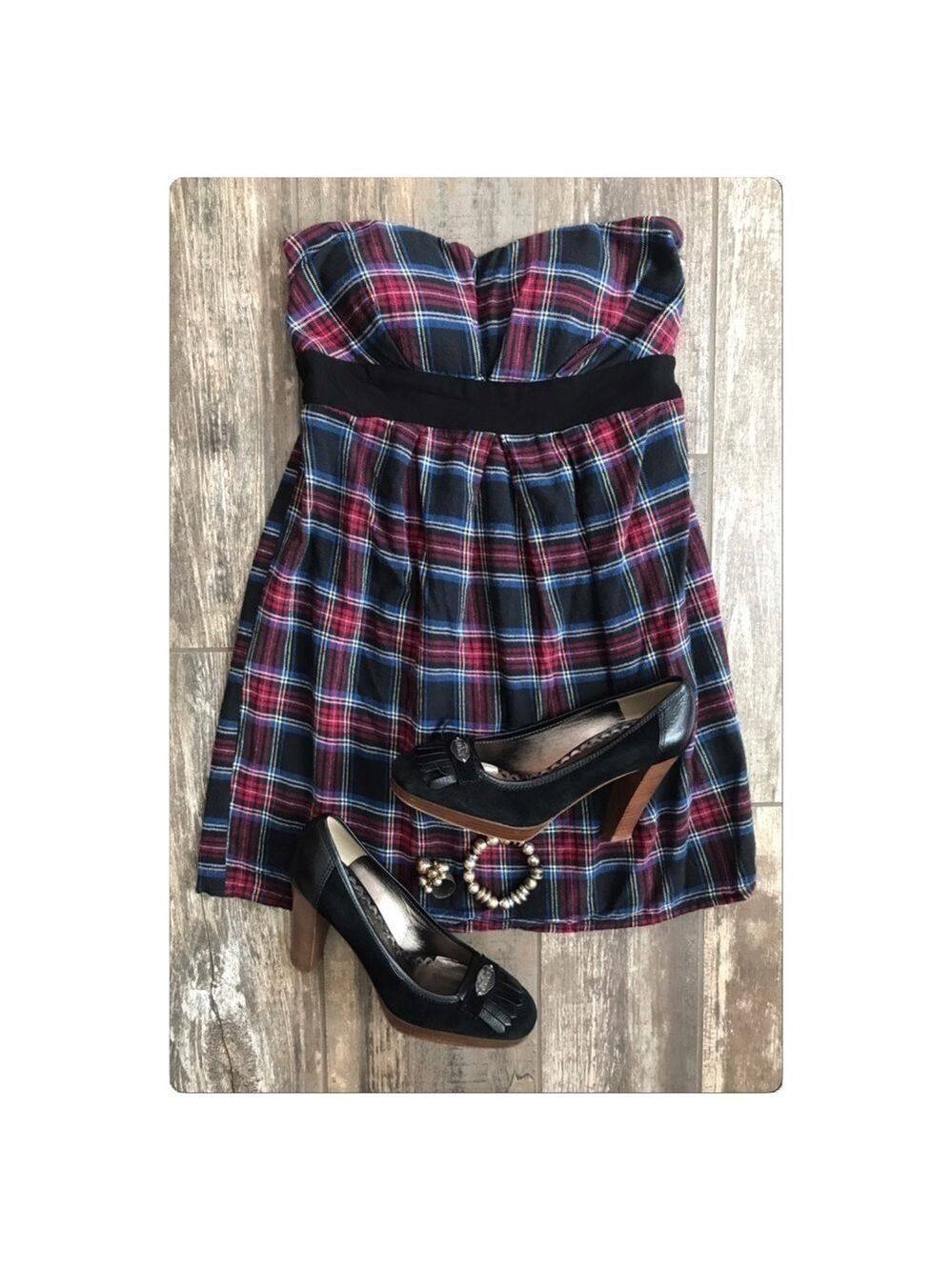 Solemio plaid flannel sweetheart strapless dress Jr size medium